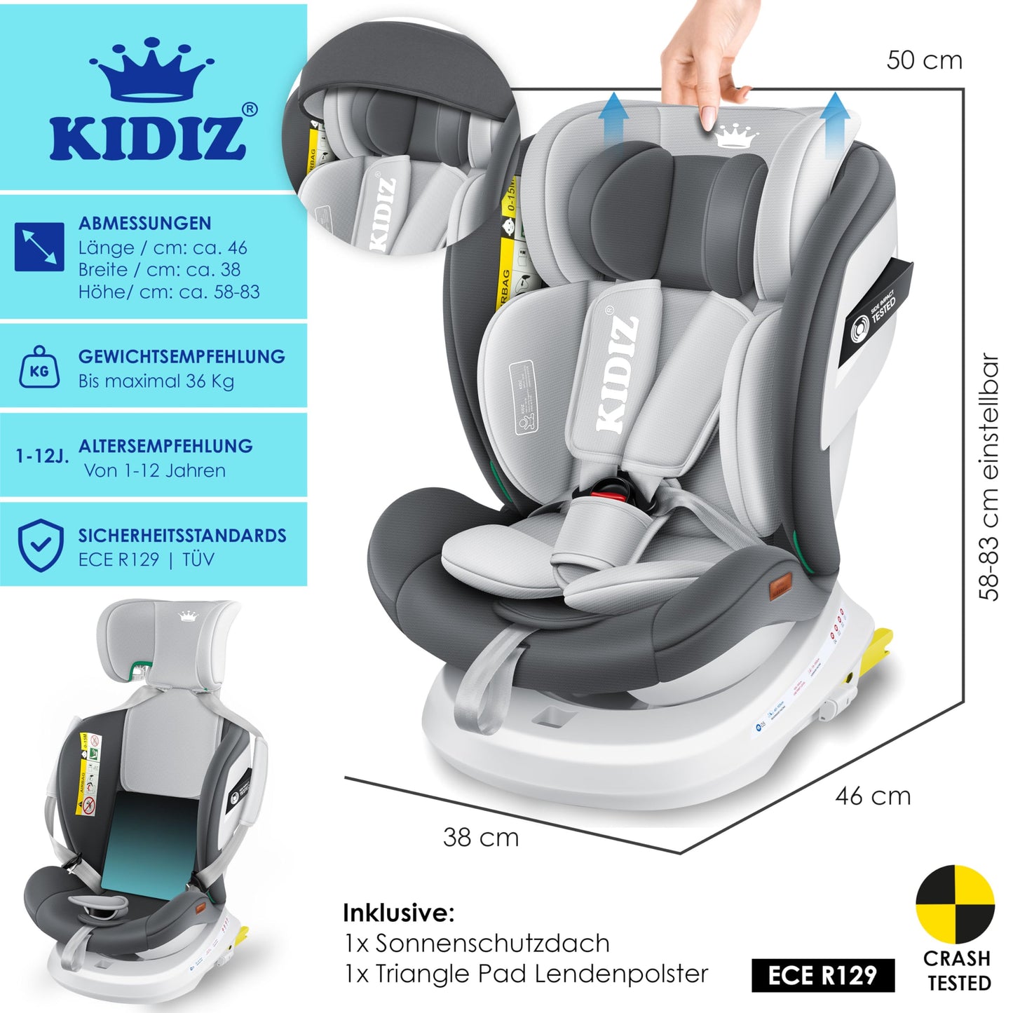 KIDIZ i-Size Kindersitz ISOFIX 100–150 cm, Anthrazit