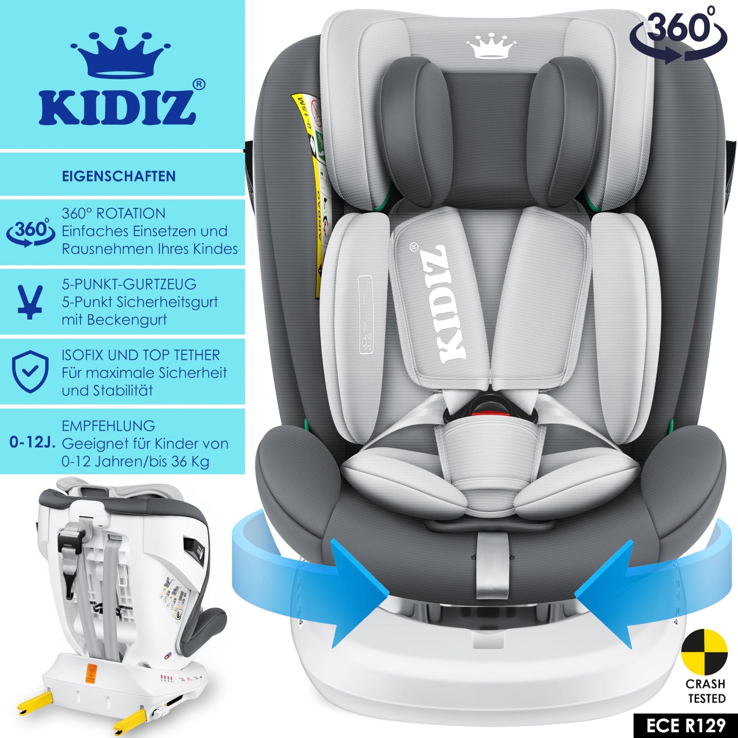 KIDIZ i-Size Kindersitz ISOFIX 100–150 cm, Anthrazit